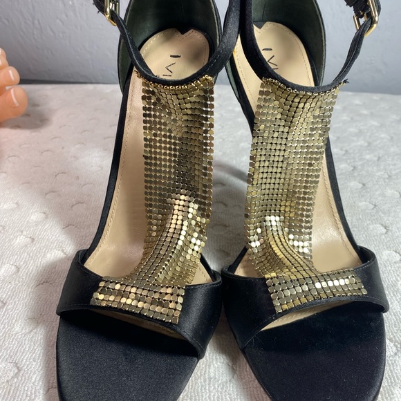 Via Spiga Timone Sandal Heel | Black/Gold Mesh Detail - Picture 10 of 16